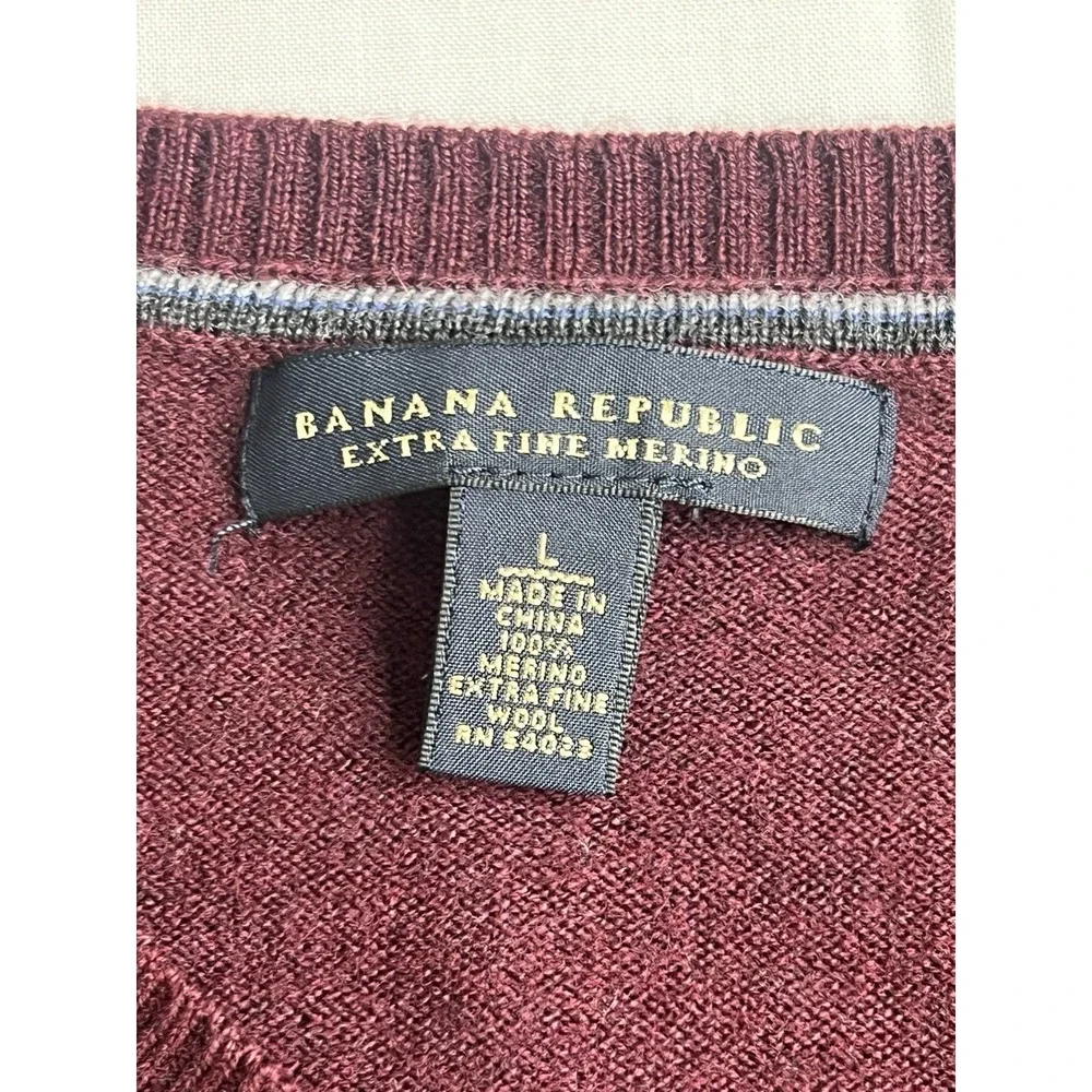 Banana Republic Sweater Mens L Burgundy Extra Fine‎ Merino 100% Wool V Neck